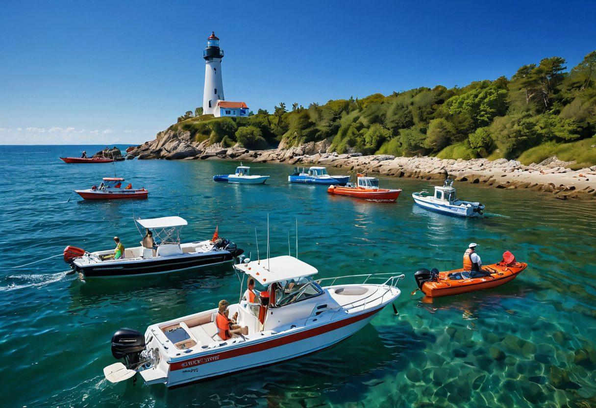 A serene ocean landscape featuring a diverse group of recreational boats on calm waters, while a friendly marine safety officer explains safety policies to enthusiastic boaters. Include vivid blue skies, a distant lighthouse, and safety gear such as life vests and flotation devices around the boats. The image should evoke a sense of adventure and security in the marine environment. vibrant colors. super-realistic.