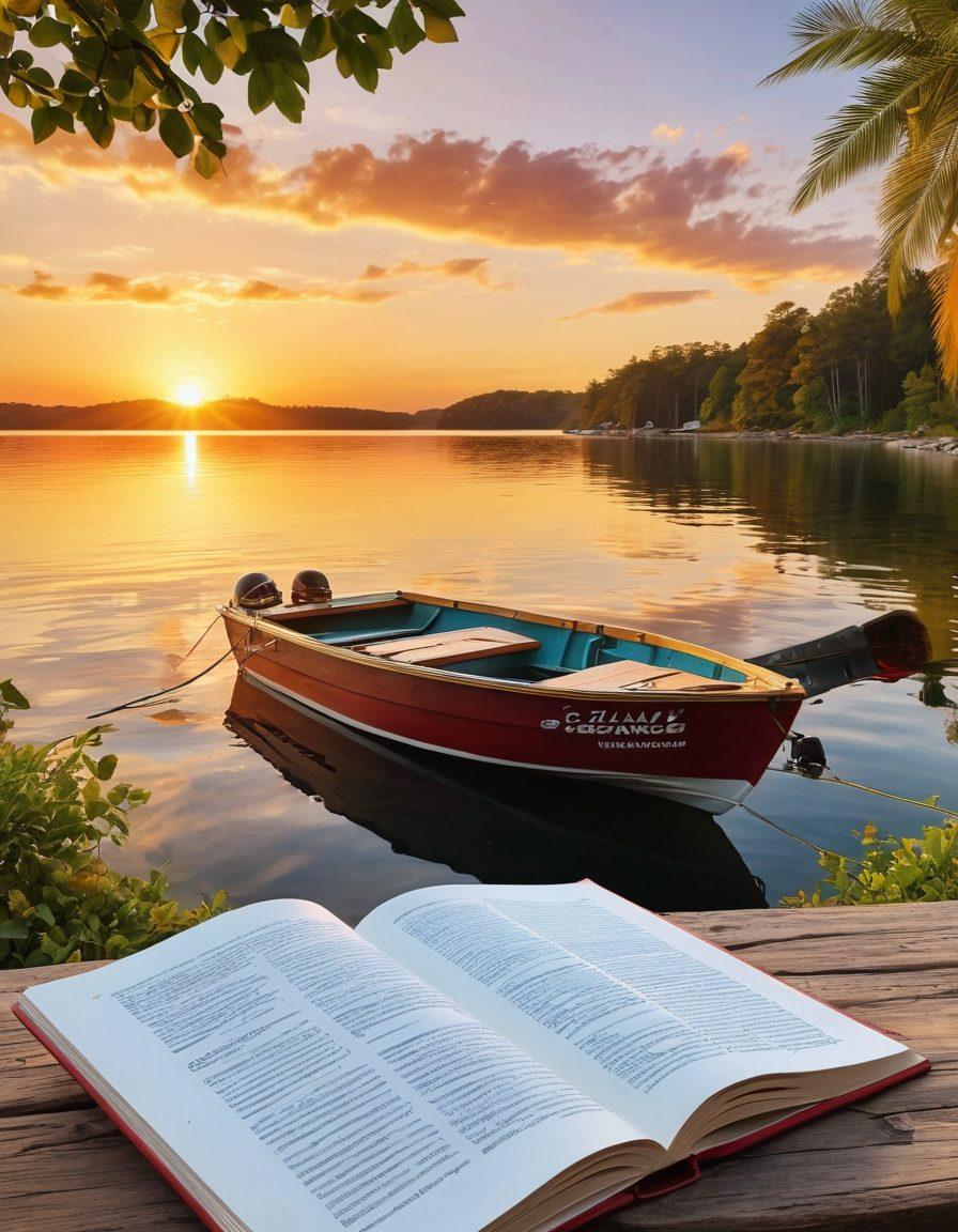 A serene lakeside scene featuring a variety of boats anchored peacefully in the water, illuminated by a golden sunset. In the foreground, a large, open book titled 'Boat Insurance Guide' displays colorful illustrations of different watercraft alongside icons representing various types of insurance coverage. In the background, gentle waves lapping at the shore add a sense of tranquility and safety. super-realistic. vibrant colors. peaceful ambiance.