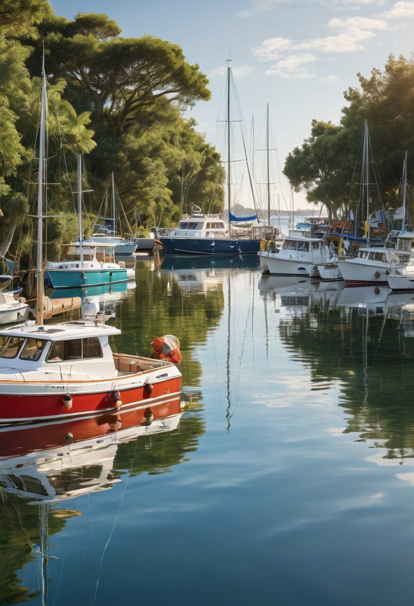 A serene harbor scene featuring diverse watercrafts including yachts, sailboats, and fishing boats, with an overlay of nautical charts and marine insurance symbols subtly integrated. The sky is clear, depicting reflections of sunlight on water, while the background shows a coastline with lush greenery. Emphasize safety elements like life jackets and buoys. super-realistic. vibrant colors. white background.
